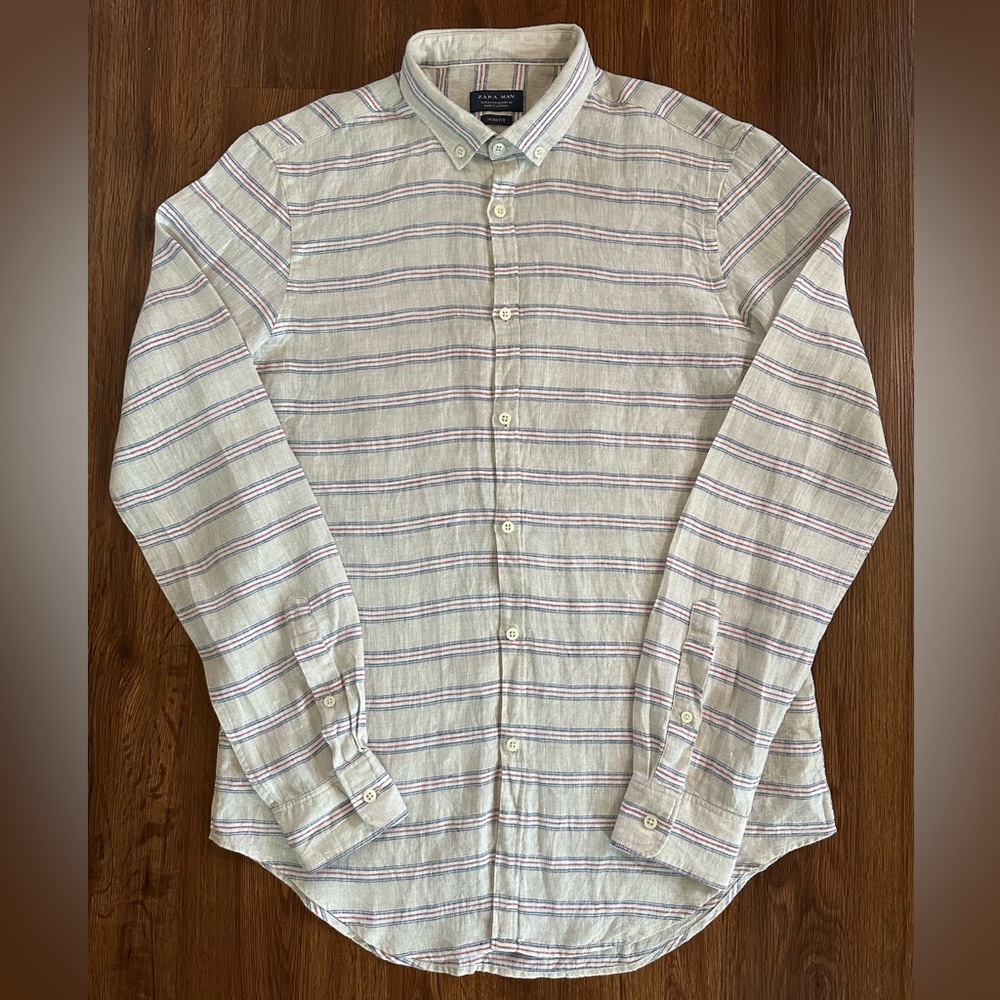 Zara Man Slim Fit Striped Linen Button Down Shirt With Button Collar